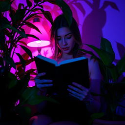A stylish woman deeply engrossed in a black book during a serene nighttime setting