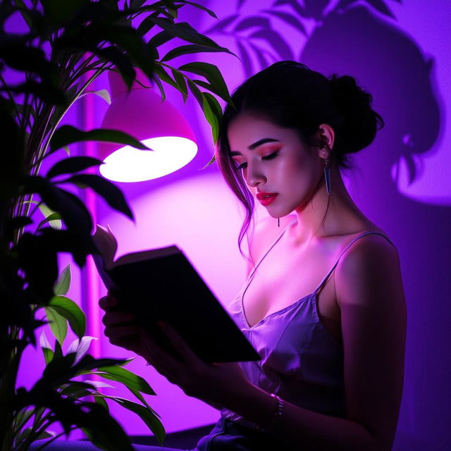 A stylish woman deeply engrossed in a black book during a serene nighttime setting