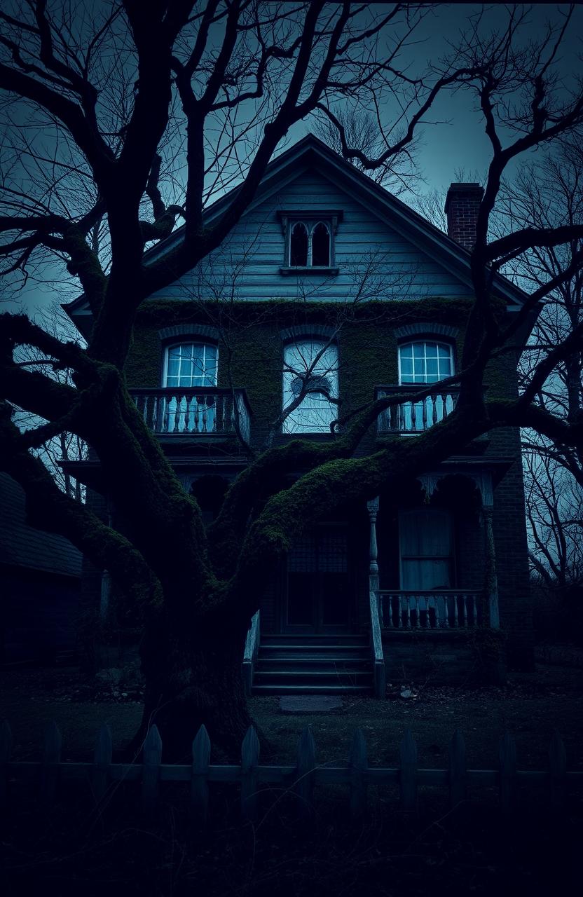 A dark and eerie old house with two levels, featured prominently in the image