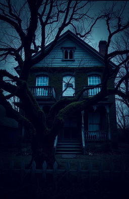 A dark and eerie old house with two levels, featured prominently in the image