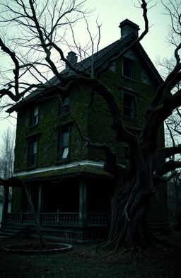 A dark and eerie old house with two levels, featured prominently in the image