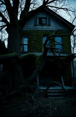 A dark and eerie old house with two levels, featured prominently in the image