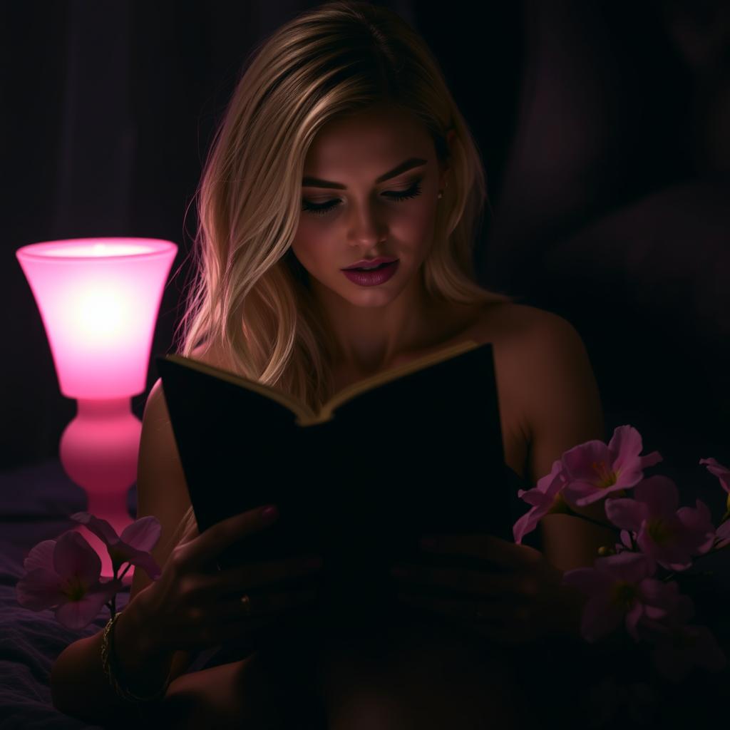 A beautiful blonde woman reading a book with a black cover, set at night