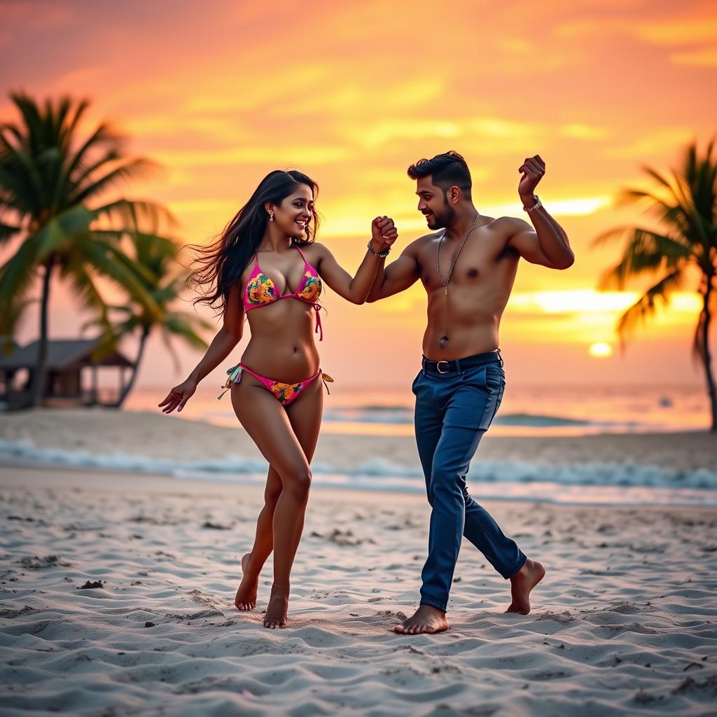 A vibrant and lively scene featuring an 18-year-old Indian girl in a colorful bikini, gracefully performing bachata dance with an Indian man