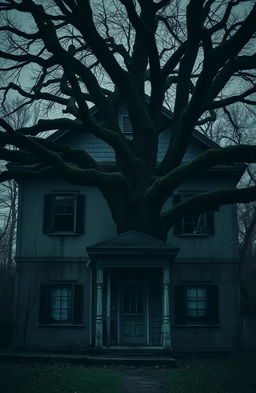 An eerie, dark old house with two stories, featuring a cracked, moss-covered exterior
