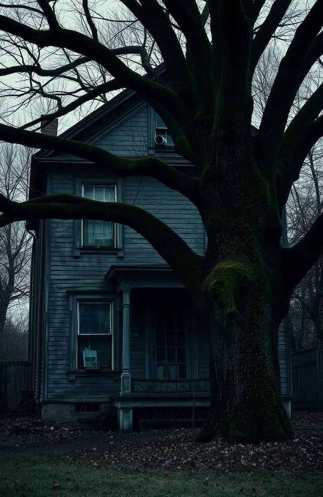 An eerie, dark old house with two stories, featuring a cracked, moss-covered exterior