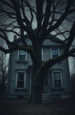 An eerie, dark old house with two stories, featuring a cracked, moss-covered exterior