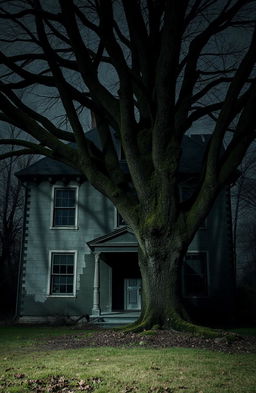 An eerie, dark old house with two stories, featuring a cracked, moss-covered exterior