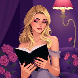 A beautiful blonde woman reading a black book at night