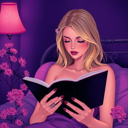 A beautiful blonde woman reading a black book at night