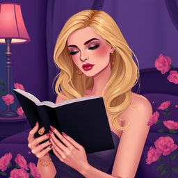 A beautiful blonde woman reading a black book at night