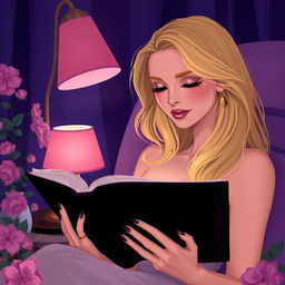 A beautiful blonde woman reading a black book at night