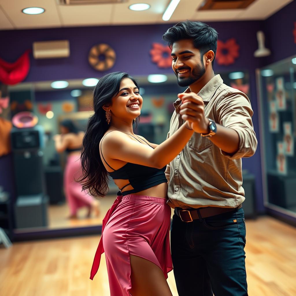 A captivating scene featuring an 18-year-old Indian girl dancing bachata with an Indian man