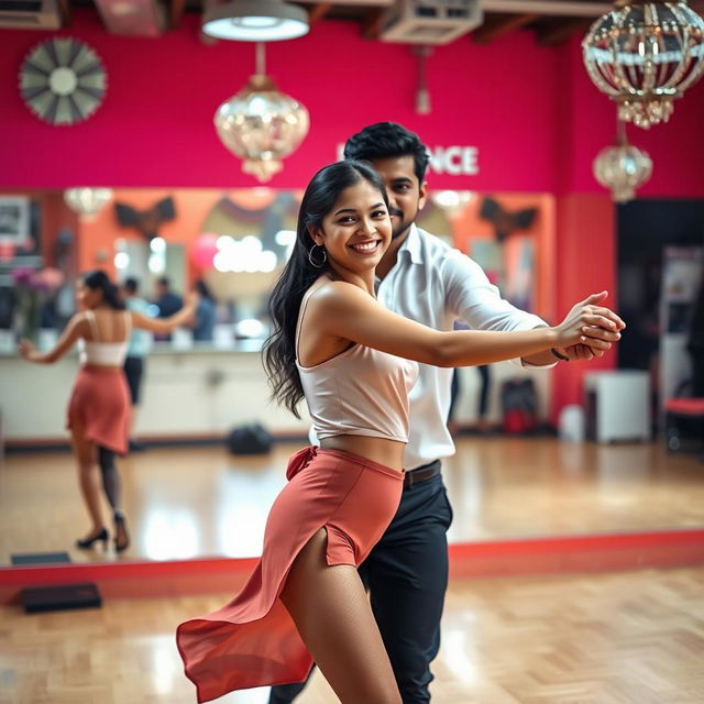 A captivating scene featuring an 18-year-old Indian girl dancing bachata with an Indian man