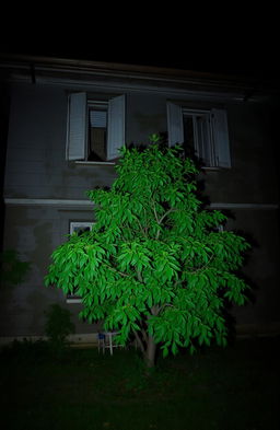 A dark, old two-story house with a worn and mossy exterior, featuring a lush green tree in front