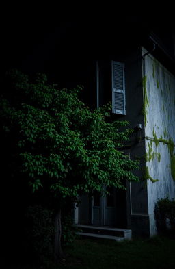 A dark, old two-story house with a worn and mossy exterior, featuring a lush green tree in front