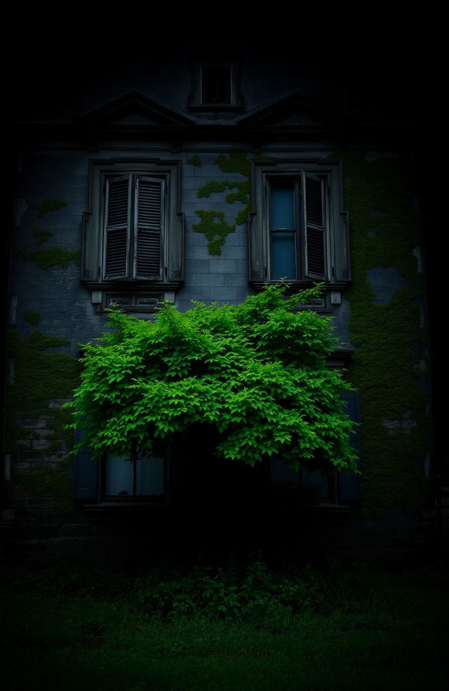 A dark, old two-story house with a worn and mossy exterior, featuring a lush green tree in front