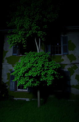 A dark, old two-story house with a worn and mossy exterior, featuring a lush green tree in front