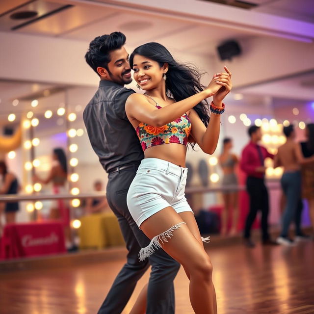 A vibrant scene showcasing an 18-year-old Indian girl dancing bachata with an Indian man