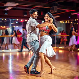 A vibrant scene showcasing an 18-year-old Indian girl dancing bachata with an Indian man