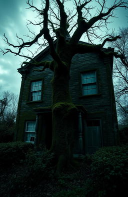 A spooky, old dark house with two stories, featuring a large, eerie tree in front