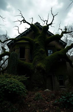 A spooky, old dark house with two stories, featuring a large, eerie tree in front
