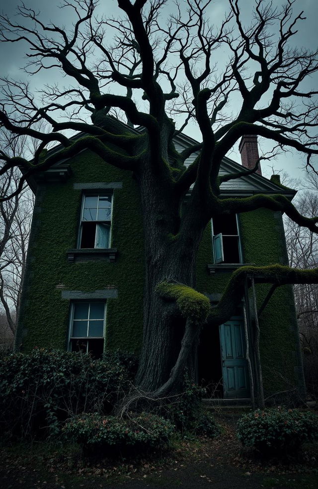 A spooky, old dark house with two stories, featuring a large, eerie tree in front