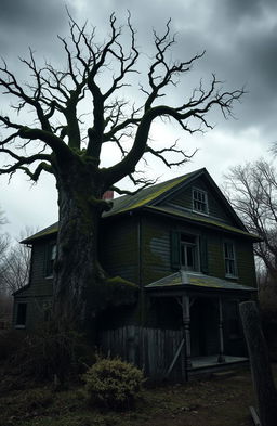 A spooky, old dark house with two stories, featuring a large, eerie tree in front