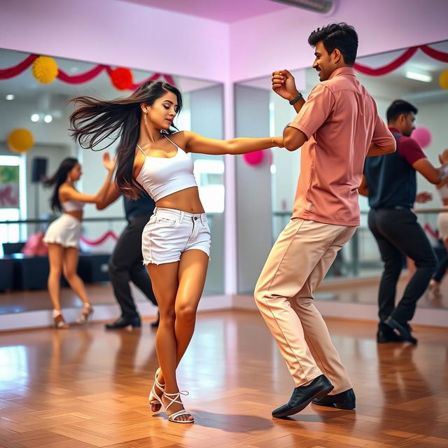 A lively scene showcasing an 18-year-old Indian girl dancing bachata with an Indian man