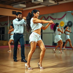 A lively scene showcasing an 18-year-old Indian girl dancing bachata with an Indian man