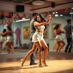 A lively scene showcasing an 18-year-old Indian girl dancing bachata with an Indian man
