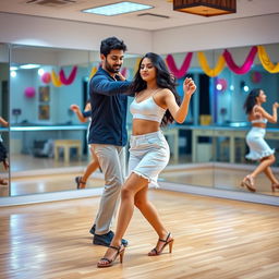 A lively scene showcasing an 18-year-old Indian girl dancing bachata with an Indian man