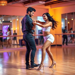 A lively and engaging scene of an 18-year-old Indian girl performing bachata dance with an Indian man