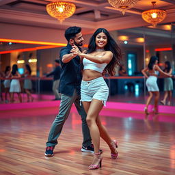 A lively and engaging scene of an 18-year-old Indian girl performing bachata dance with an Indian man