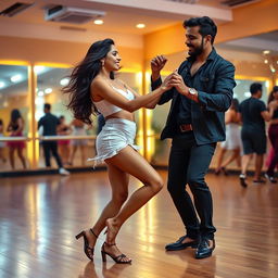 A lively and engaging scene of an 18-year-old Indian girl performing bachata dance with an Indian man
