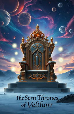 A beautiful and majestic throne in an unworldly landscape, featuring elaborate detailing with gold and silver accents