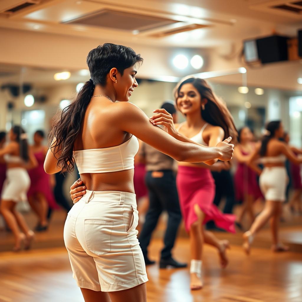 An energetic scene of an 18-year-old Indian girl dancing bachata with an Indian man