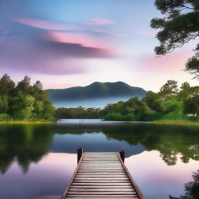 A high-quality digital art image depicting a serene lake surrounded by lush greenery in Cardinia