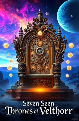 A beautiful and majestic throne in an unworldly landscape, featuring elaborate detailing with gold and silver accents