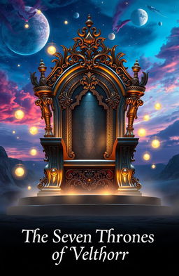 A beautiful and majestic throne in an unworldly landscape, featuring elaborate detailing with gold and silver accents