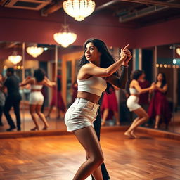 An energetic scene of an 18-year-old Indian girl dancing bachata with an Indian man