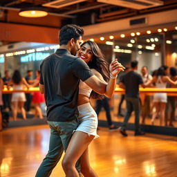 A vibrant scene of an 18-year-old Indian girl dancing bachata with an Indian man