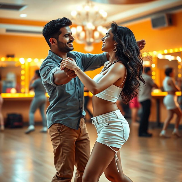 A vibrant scene of an 18-year-old Indian girl dancing bachata with an Indian man