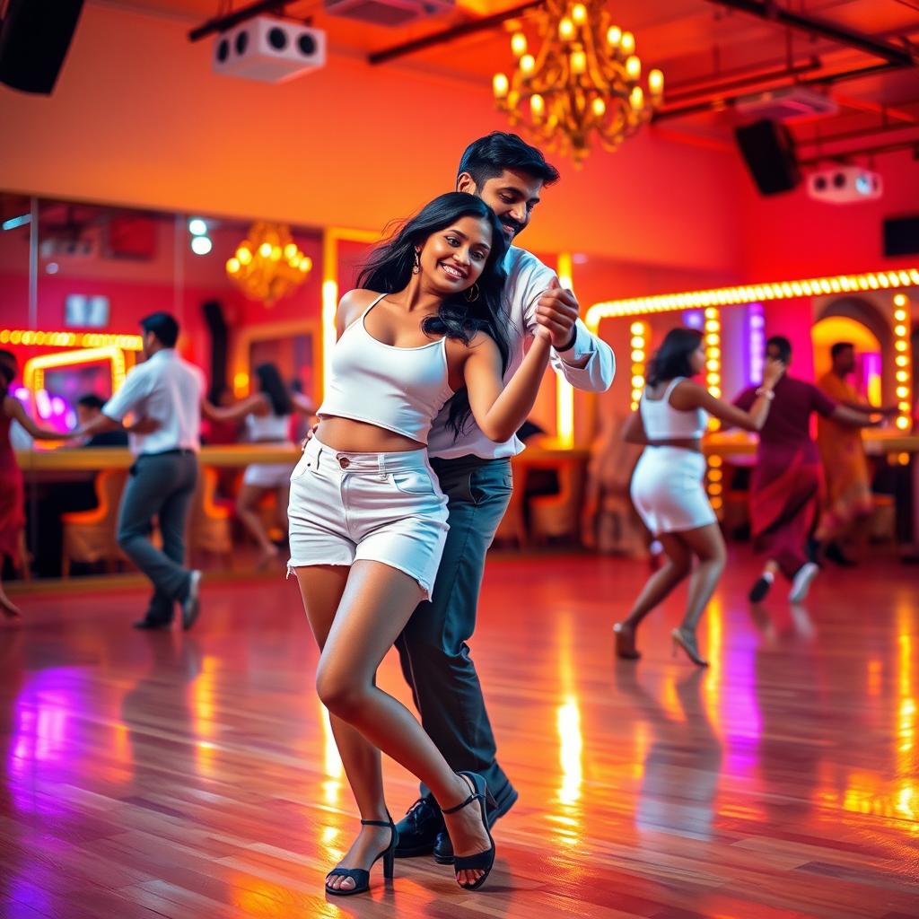 A vibrant scene of an 18-year-old Indian girl dancing bachata with an Indian man