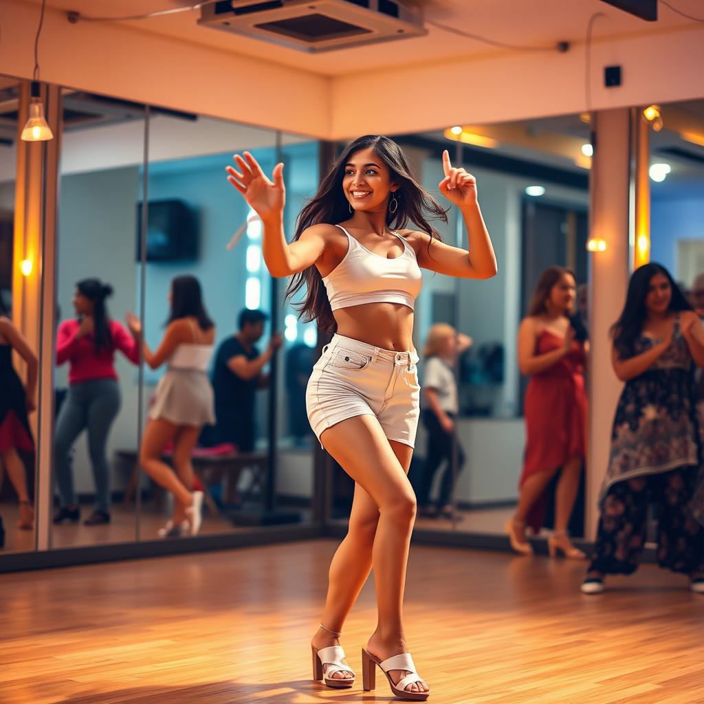 A vibrant scene of an 18-year-old Pakistani girl dancing bachata with a Pakistani man