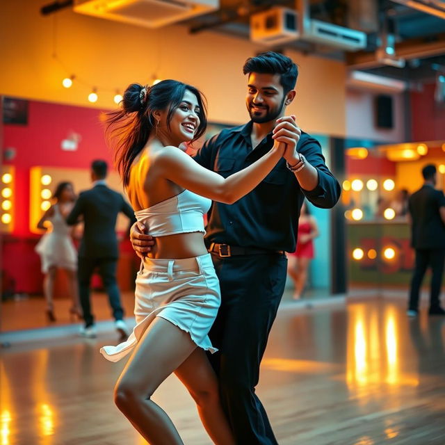 A vibrant scene of an 18-year-old Pakistani girl dancing bachata with a Pakistani man