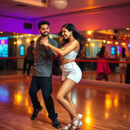 A lively scene featuring an 18-year-old Pakistani girl dancing bachata with a Pakistani man