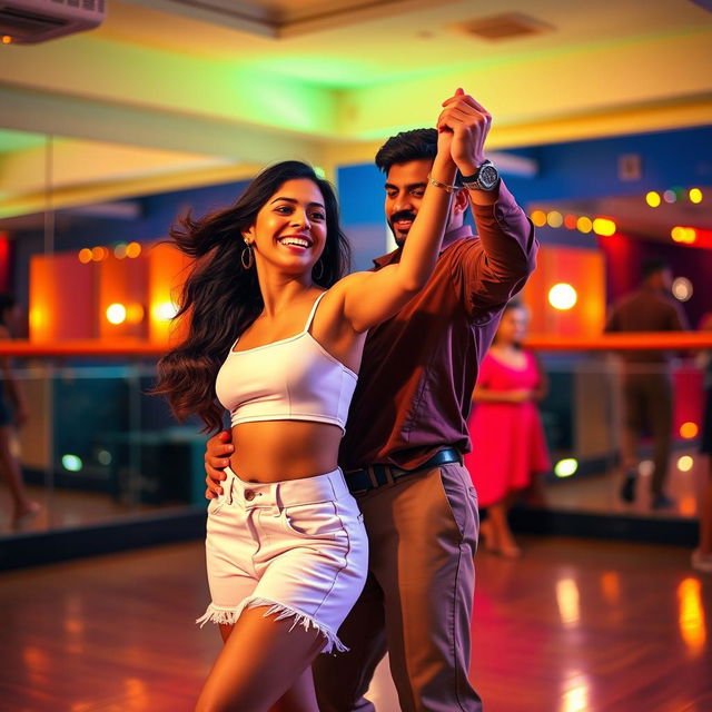 A lively scene featuring an 18-year-old Pakistani girl dancing bachata with a Pakistani man