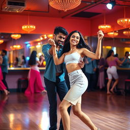 A lively scene featuring an 18-year-old Pakistani girl dancing bachata with a Pakistani man