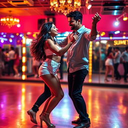 A lively scene featuring an 18-year-old Pakistani girl dancing bachata with a Pakistani man